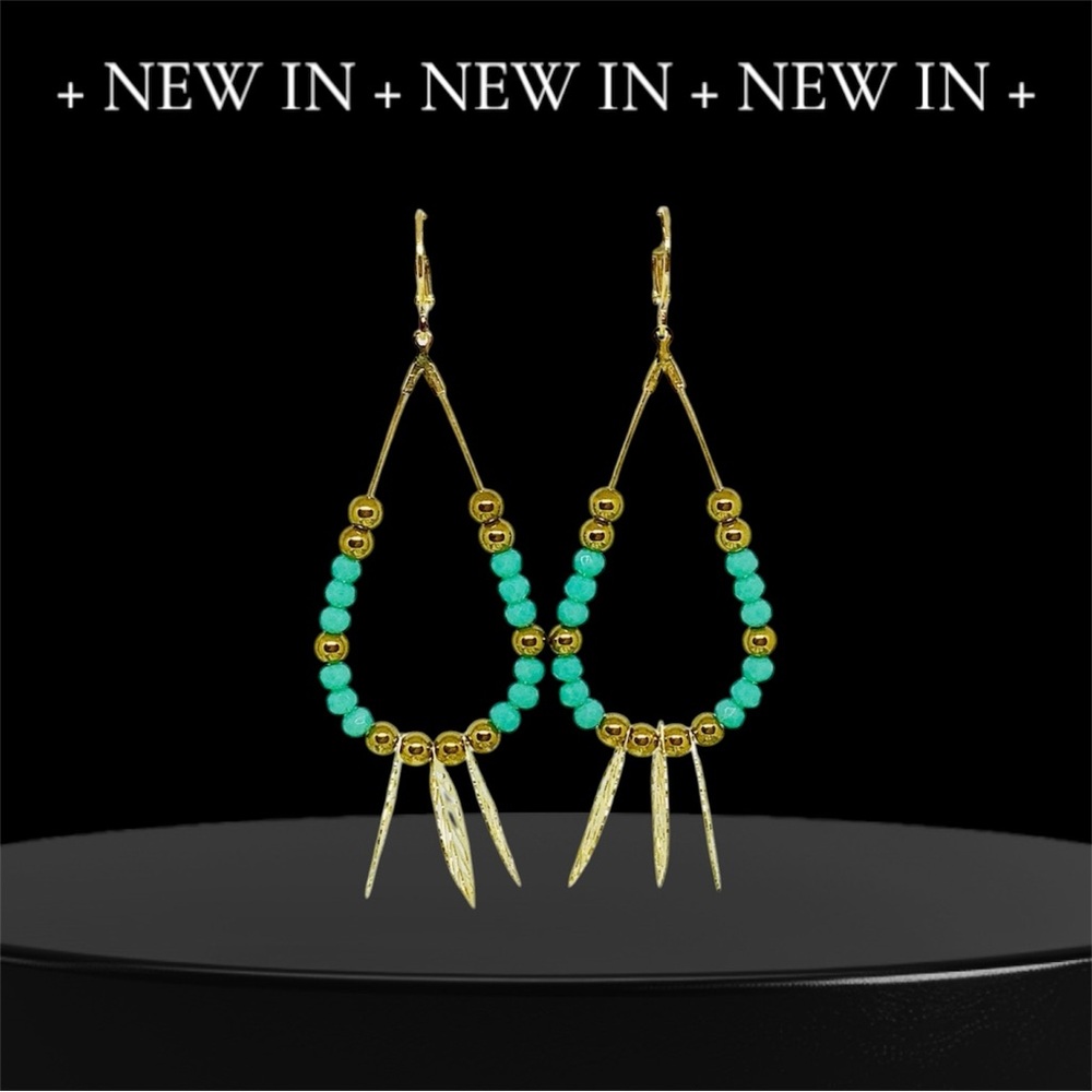BOUTIQUE Gold and Turquoise Beaded Hoop Earrings, Classy, Dainty, Summer Dangles - Picture 1 of 9